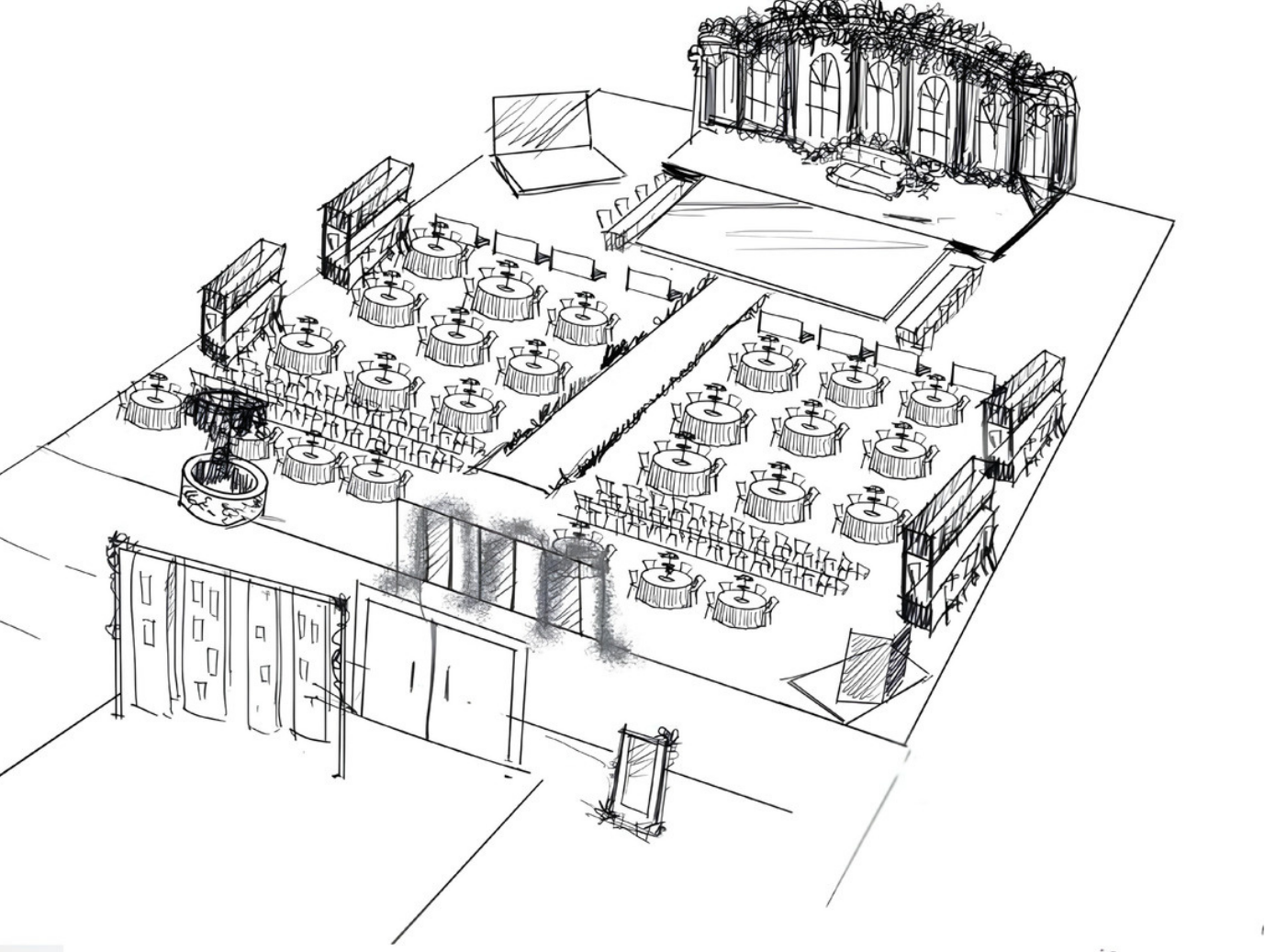 Croquis d'implantation d'une salle de réception : tables rondes, piste de danse, bar et espace scénique